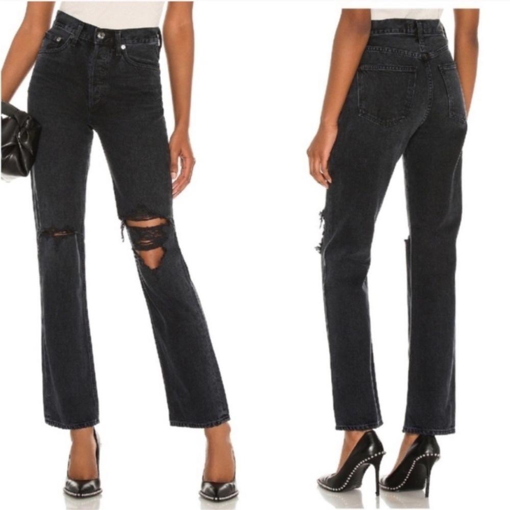 AGOLDE Lana Mid Rise Vintage Straight Leg Jeans in Disorder Washed Black Sz 26